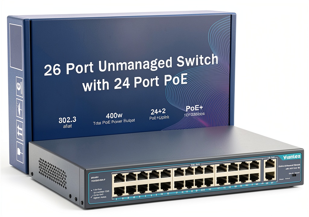 Installing YuanLey 26 Port PoE Switch Metal Design Business on a wooden desk