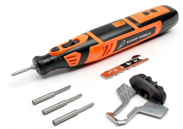 Sharp Pebble Electric Cordless Chainsaw Sharpener Kit - Comes with Chain Saw Sharpener Tool, 4 File Size Sharpening Wheels, Angle Attachment, Wrench & eBook-1