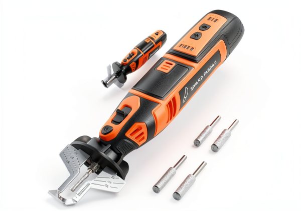 Sharp Pebble Electric Cordless Chainsaw Sharpener Kit - Comes with Chain Saw Sharpener Tool, 4 File Size Sharpening Wheels, Angle Attachment, Wrench & eBook-0